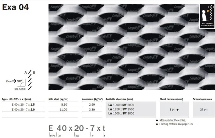 Datablad for Exa 04 med maskemål, platetykkelse og vekt