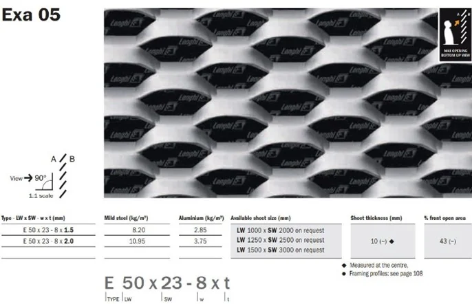 Datablad for Exa 05 med maskemål, platetykkelse og vekt