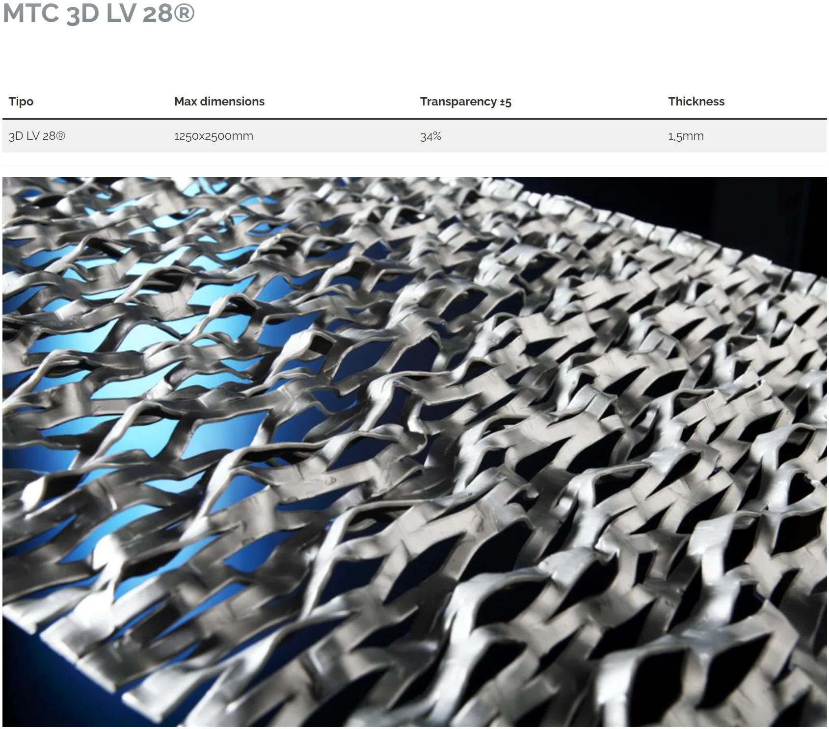 Datablad for MTC 3D LV 28 med maskemål, platetykkelse og vekt