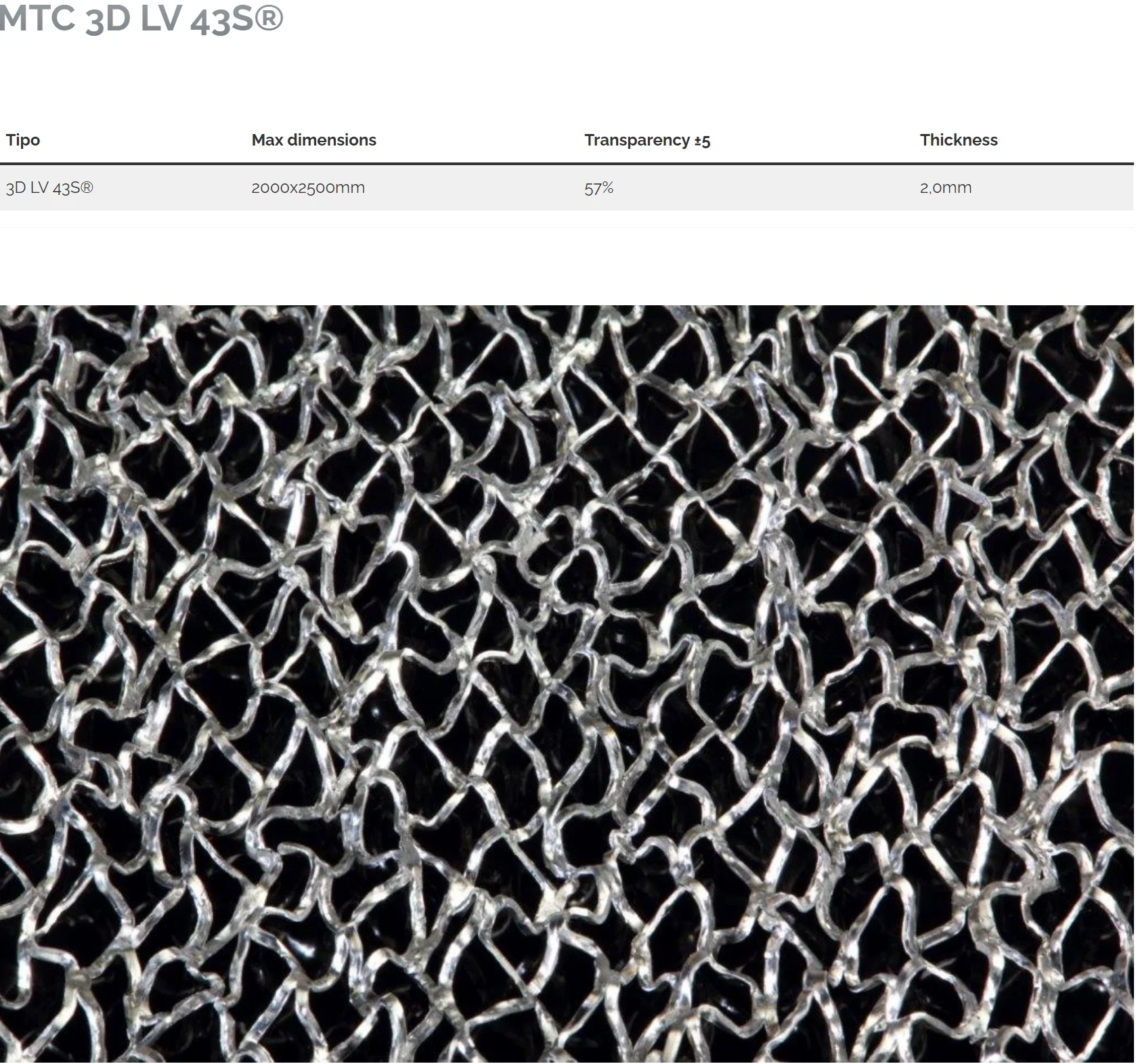 Datablad for MTC 3D LV 43S med maskemål, platetykkelse og vekt